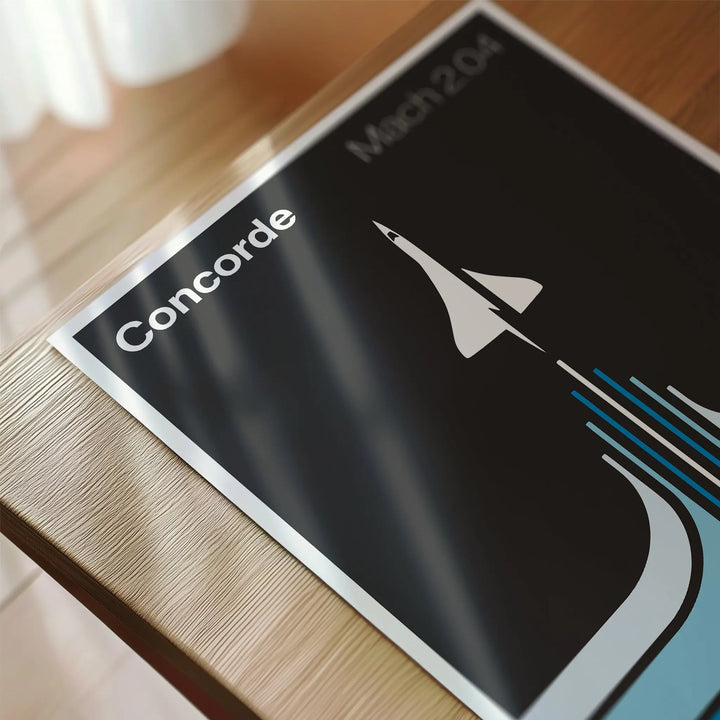 Concorde Mach 2.04 Poster featuring minimalist design with black, white, and blue colors in a sleek art print style