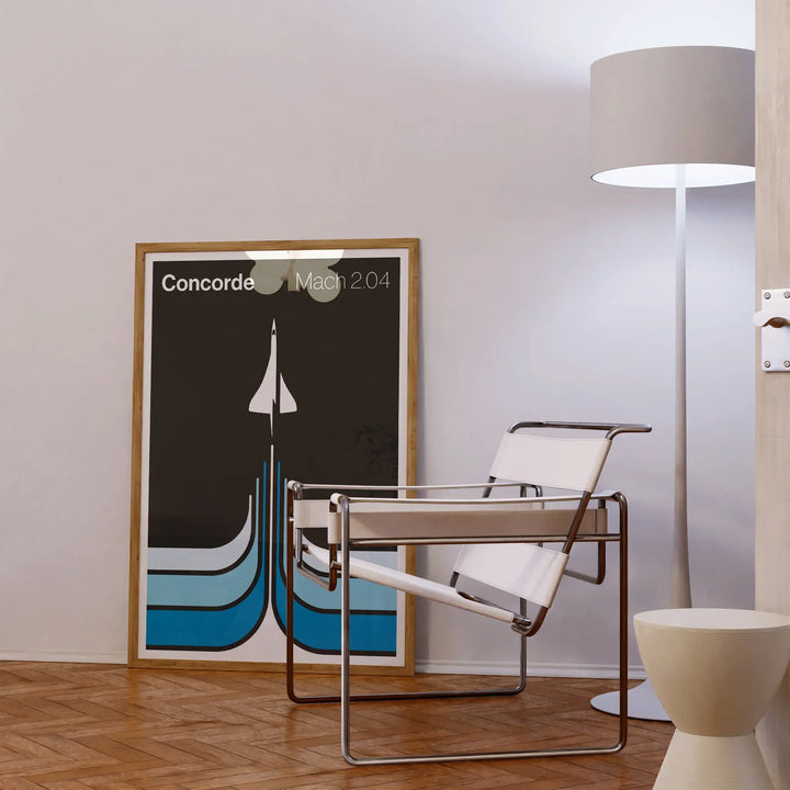 Concorde Mach 2.04 Poster minimalist art print with black, white, and blue geometric design of a supersonic plane.