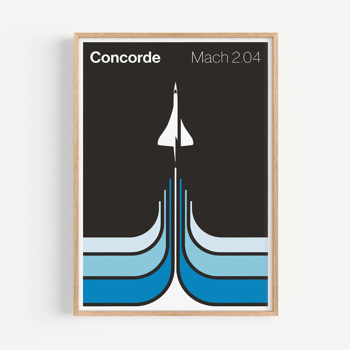 Concorde Mach 2.04 Poster minimalist art print featuring white aircraft silhouette with blue abstract trails on dark background