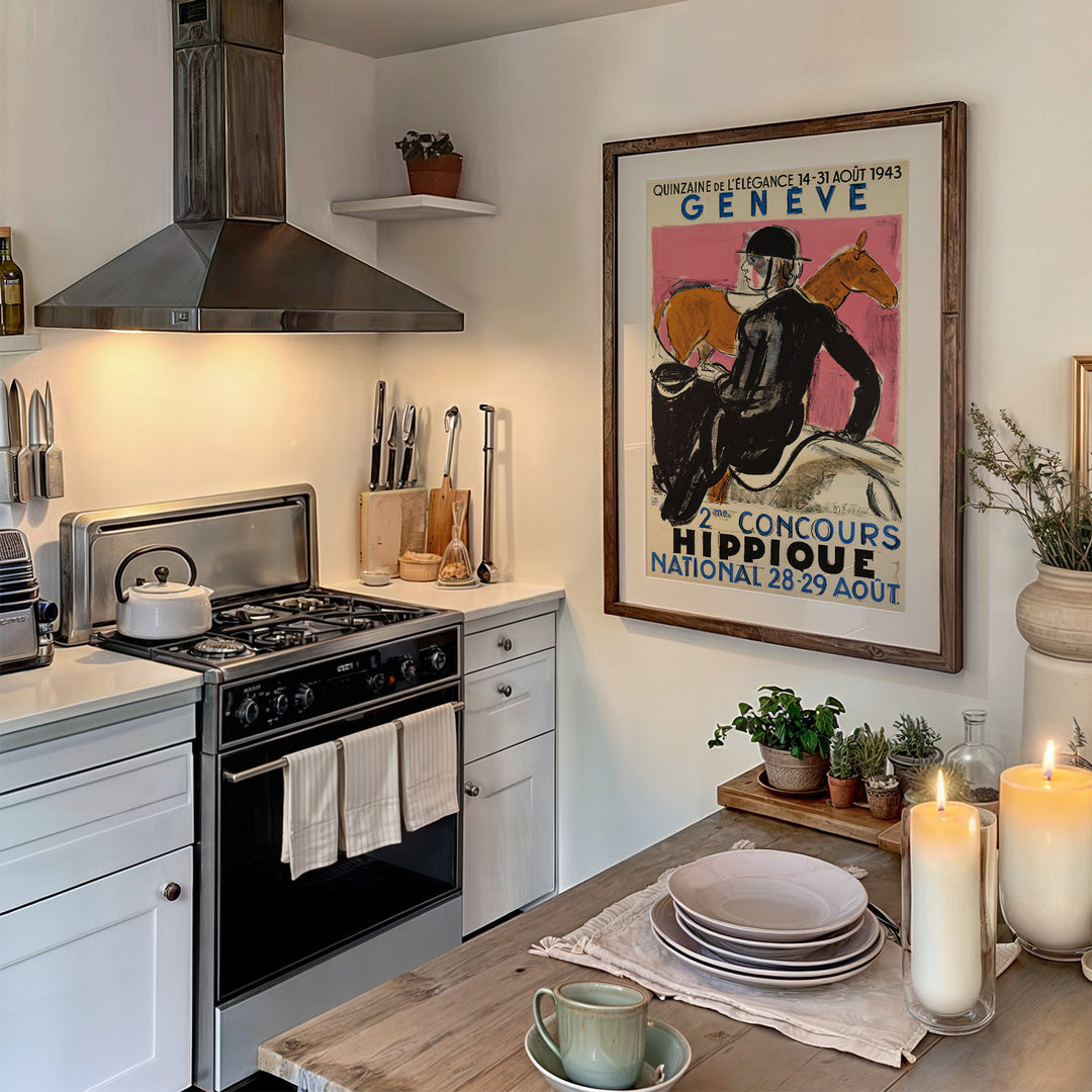 Concours Hippique National Exhibition Poster vintage style with muted pink, black, and beige tones framed wall art poster.