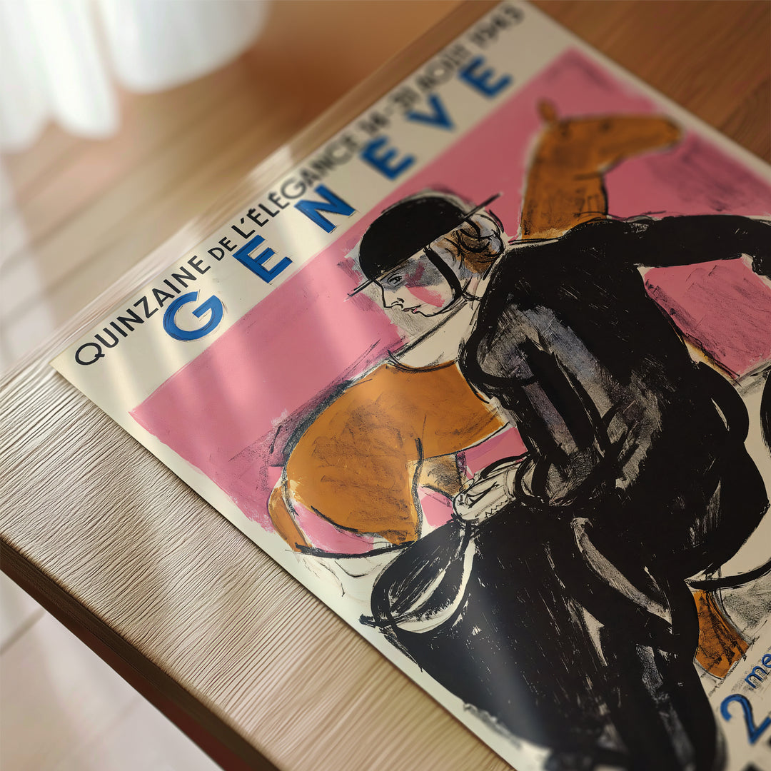 Concours Hippique National Exhibition Poster vintage style with bold black, pink, orange equestrian illustration art print