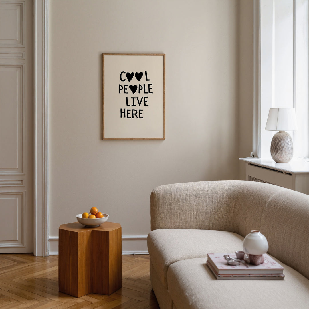 Cool People Live Here black typography poster with bold white text on black background, modern monochrome wall art