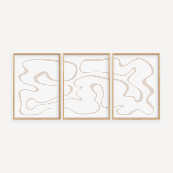 Curves in White Poster Set minimalist abstract art print with soft beige flowing lines on white background