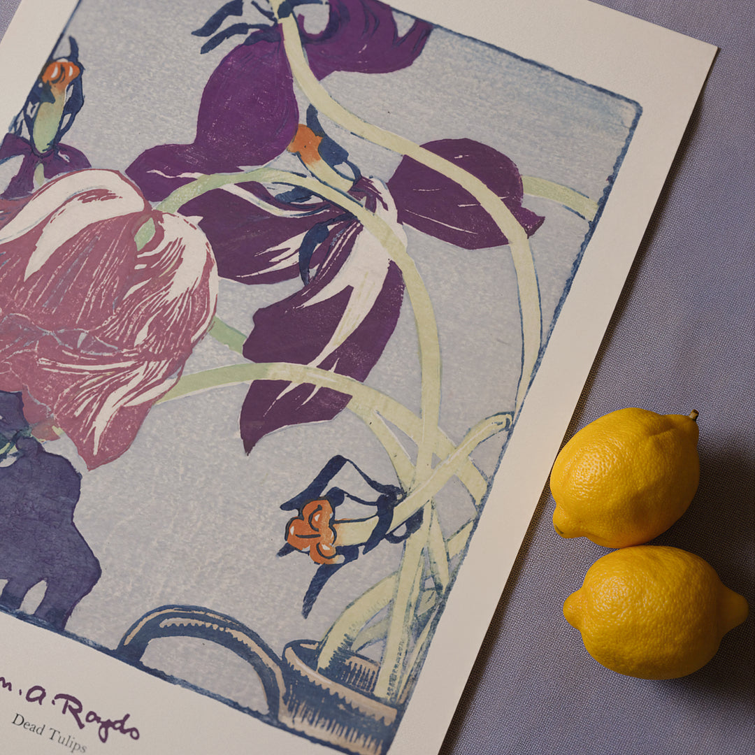Framed Dead Tulips by Mabel Royds botanical poster — early twentieth century British printmaking style in soft purples