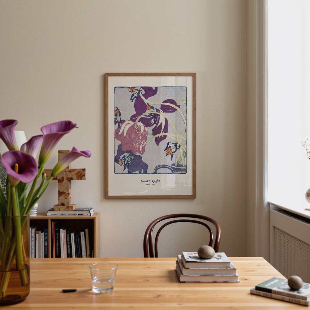 Mabel Royds Dead Tulips art poster — muted purple and mauve botanical print in vintage Arts and Crafts style