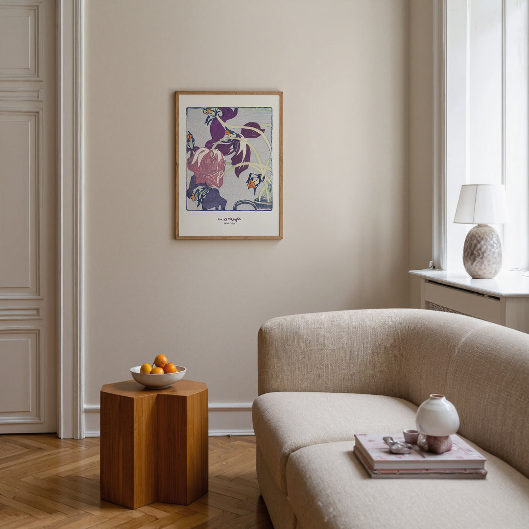 Dead Tulips by Mabel Royds poster print showing wilting tulips in a restrained earthy and purple palette