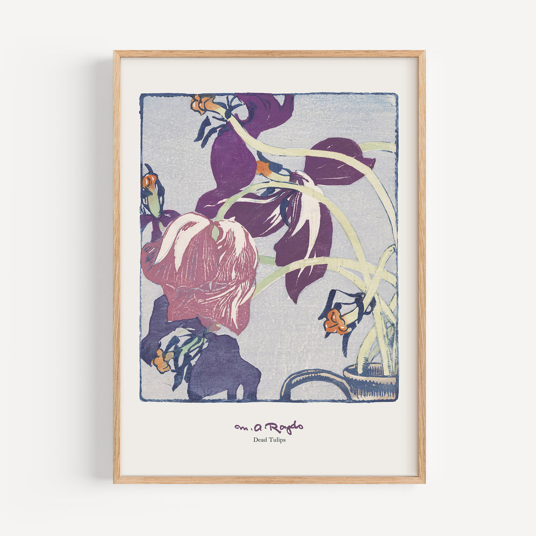 Dead Tulips by Mabel Royds botanical woodblock print poster with drooping tulip heads in soft purples and warm earthy tones