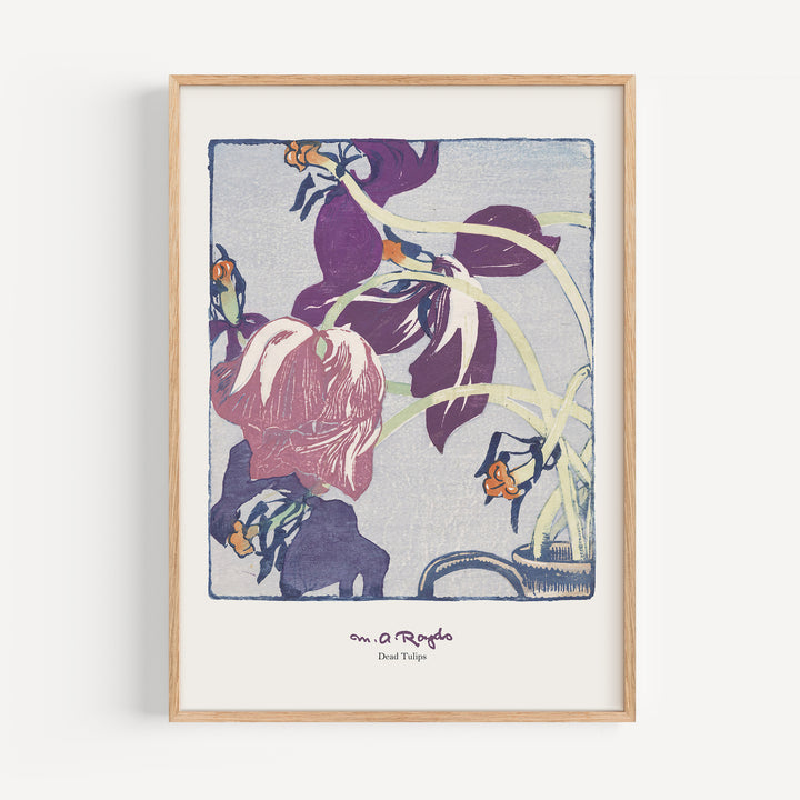 Dead Tulips by Mabel Royds botanical woodblock print poster with drooping tulip heads in soft purples and warm earthy tones