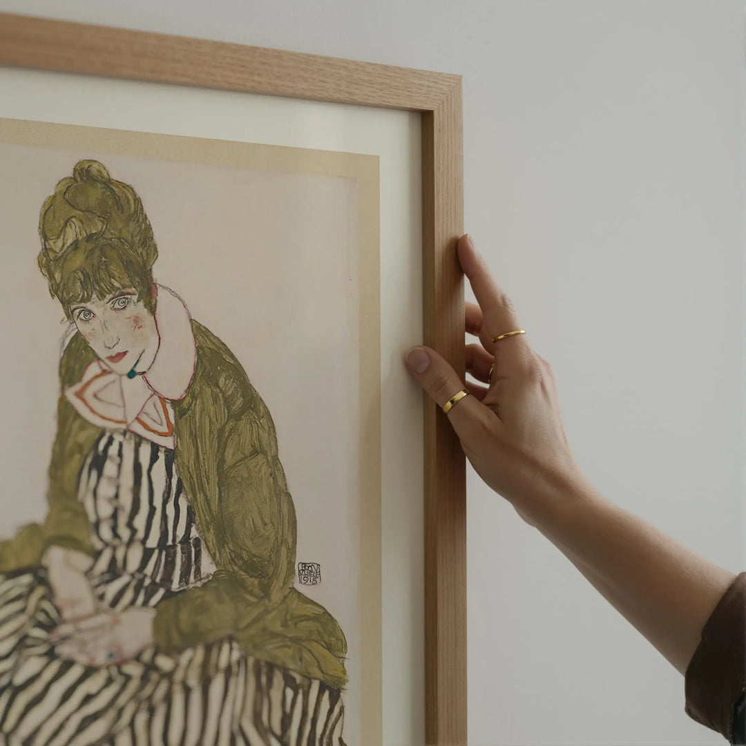 Edith with Striped Dress, Sitting by Egon Schiele Poster Poster Room