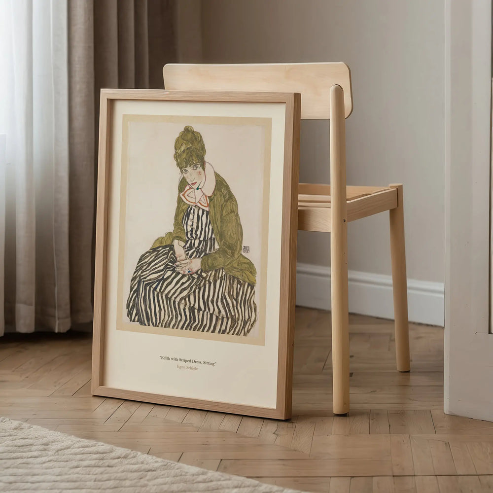 Edith with Striped Dress, Sitting by Egon Schiele Poster Poster Room