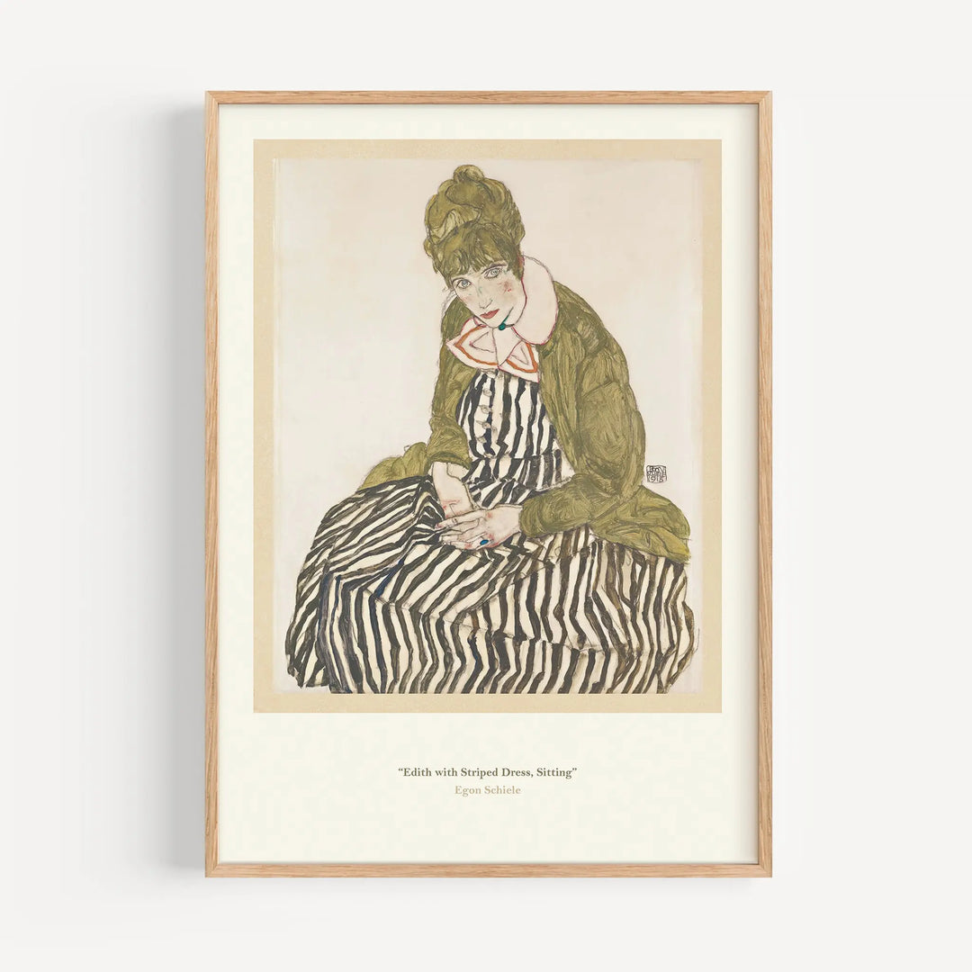 Edith with Striped Dress, Sitting by Egon Schiele Poster Poster Room