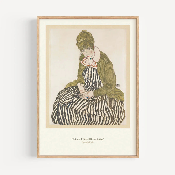 Edith with Striped Dress, Sitting by Egon Schiele Poster Poster Room