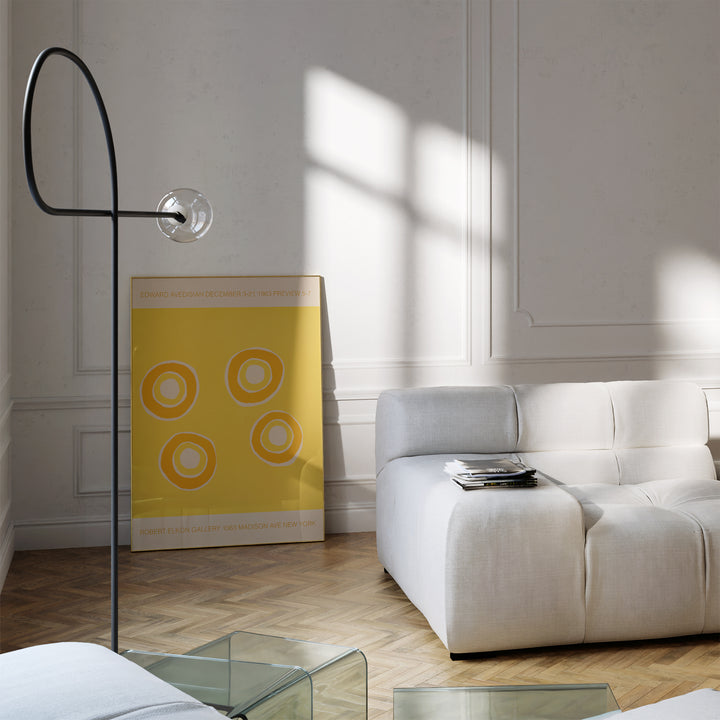 Edward Avedisian Exhibition Poster featuring minimalist abstract yellow circles on a framed wall art poster.