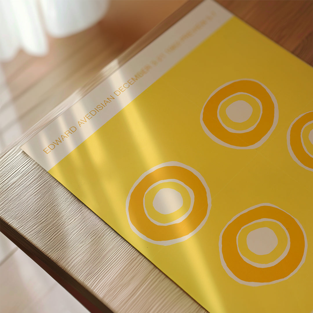 Edward Avedisian Exhibition Poster featuring abstract concentric circles in yellow and white, minimalist art print.