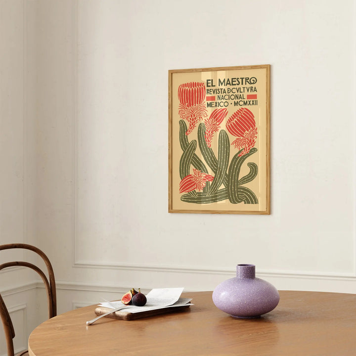 El Maestro Poster framed wall art with vintage botanical cactus design in red and green on beige background