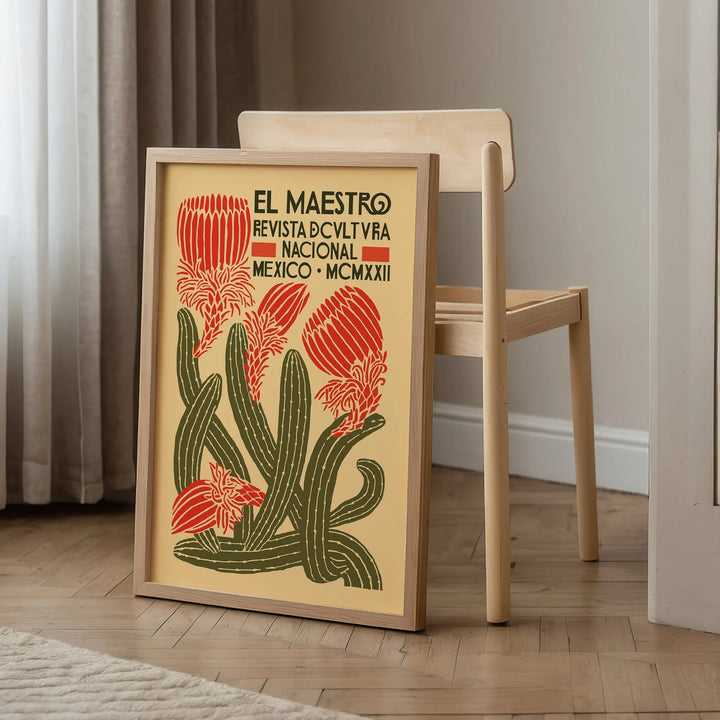El Maestro Poster featuring vintage botanical art with red flowers and green leaves on a beige background in a framed poster.