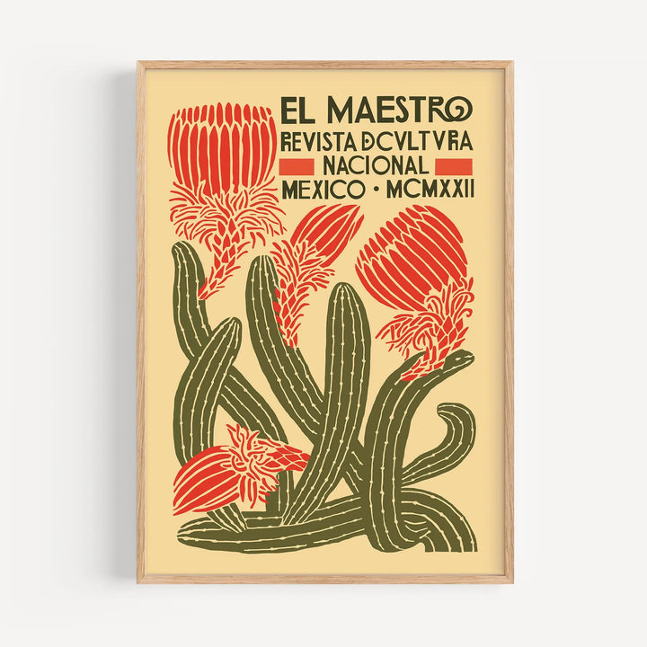 El Maestro Poster featuring vintage botanical style with red flowers and green cacti on a beige background wall art.