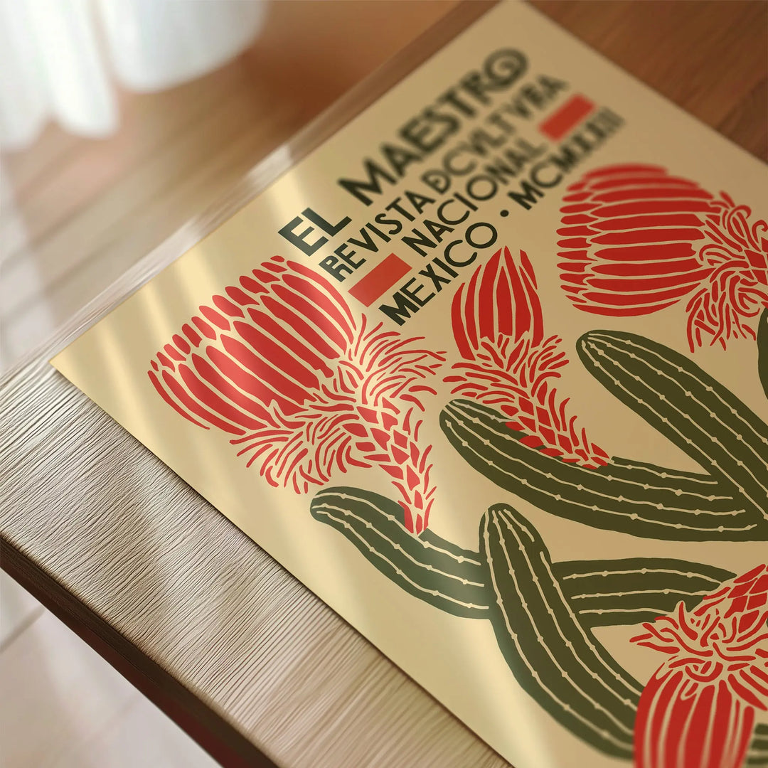 El Maestro Poster featuring vintage botanical art with red flowers and green cactus on a beige background wall art.
