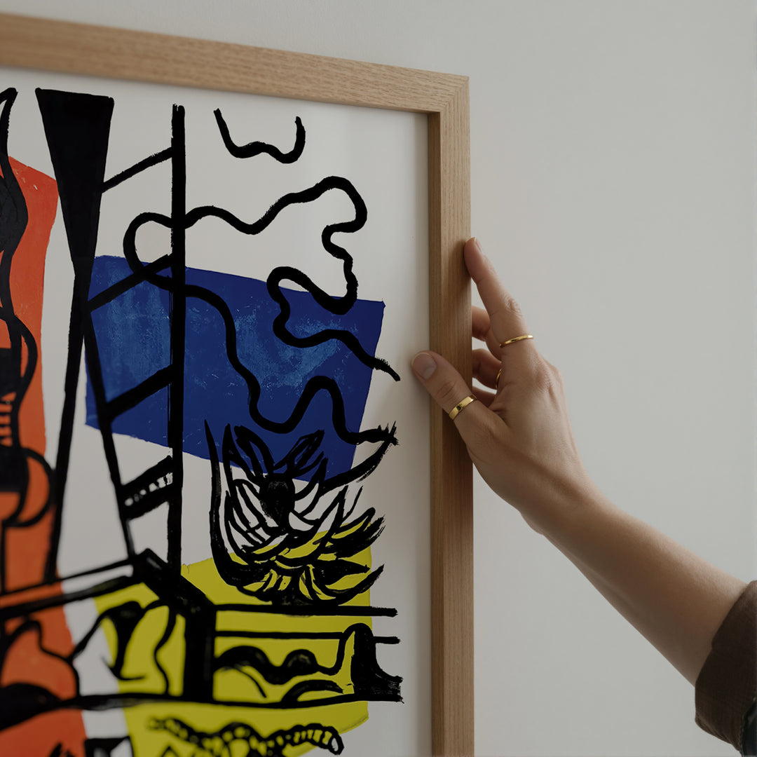 Fernand Leger Galerie Louise Leiris Exhibition Poster with abstract shapes in blue, yellow, red, and black lines, modern art print.