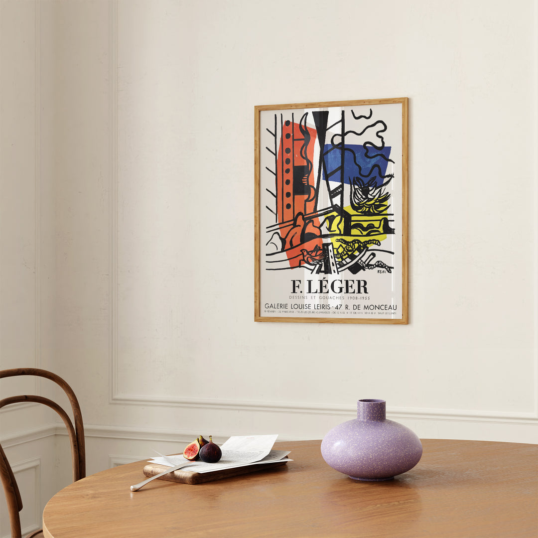 Fernand Leger Galerie Louise Leiris Exhibition Poster featuring abstract shapes in red, blue, yellow, black, and white framed poster