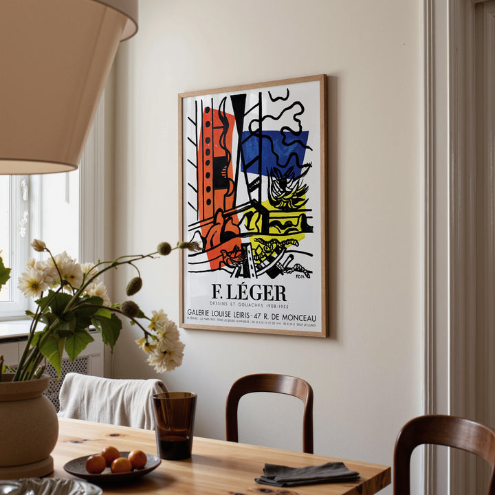 Fernand Leger Galerie Louise Leiris Exhibition Poster with abstract shapes in blue, red, yellow, and black art print