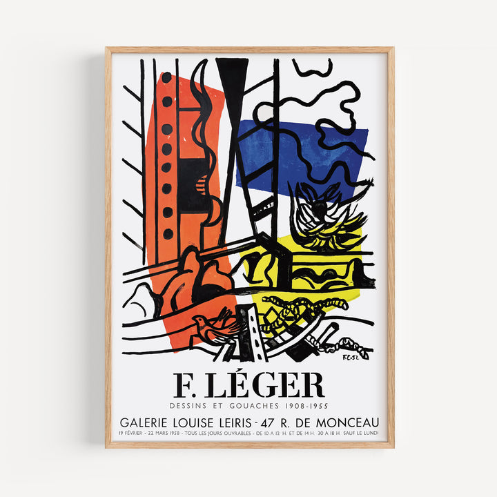 Fernand Leger Galerie Louise Leiris Exhibition Poster abstract art print with bold black lines, red, blue, and yellow shapes.