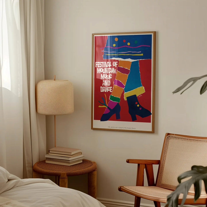 Festival of Mountain Music and Dance Poster with colorful abstract legs, bold red, blue, and yellow, modern art print wall art.