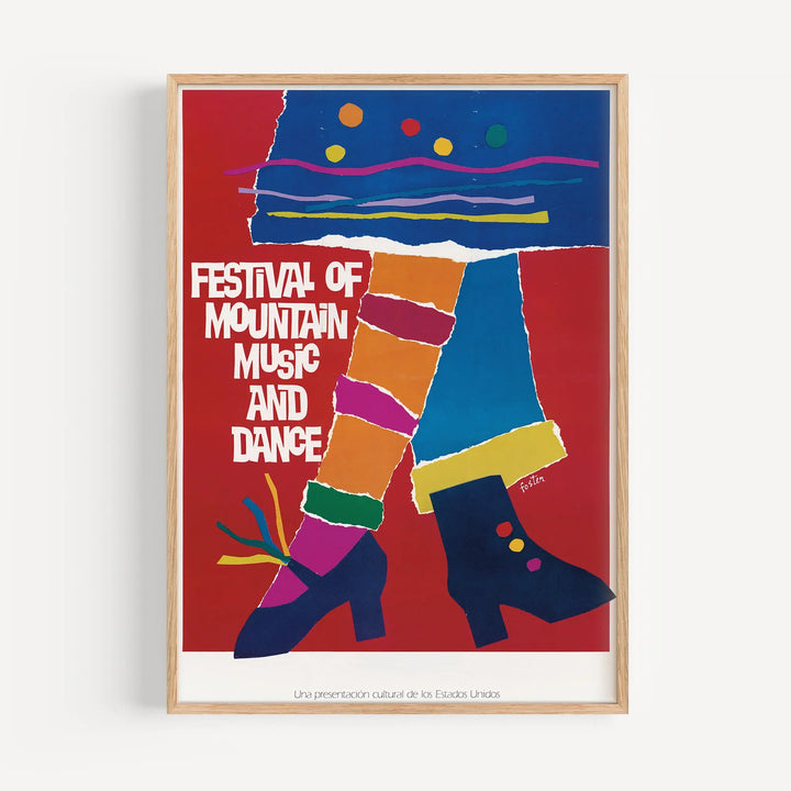 Festival of Mountain Music and Dance Poster with abstract colorful leg and shoe design in vibrant red, blue, and yellow tones.