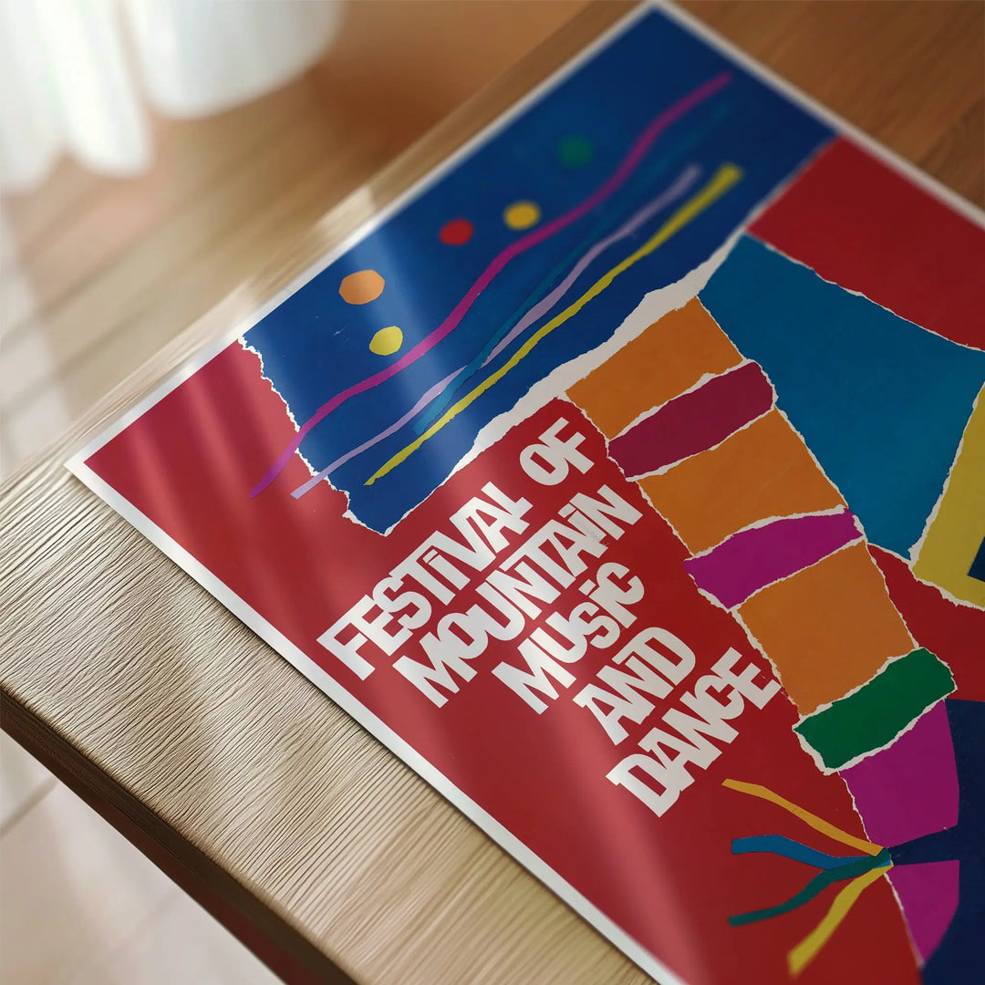 Festival of Mountain Music and Dance Poster with bold abstract shapes in blue, red, orange, and purple, art print.