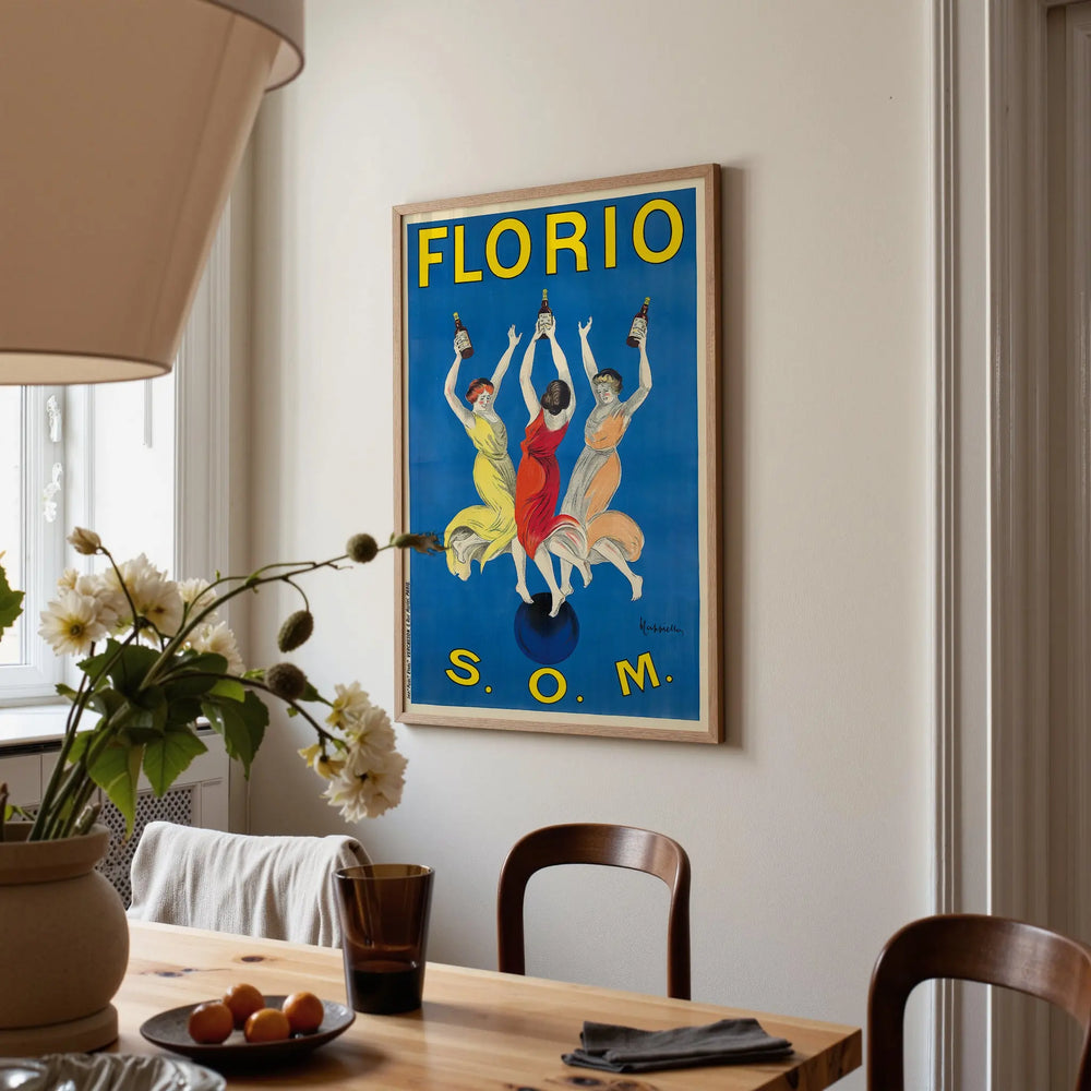 Leonetto Cappiello Poster Set featuring vintage Florio poster with vibrant blue, yellow, red, and peach colors in framed wall art.