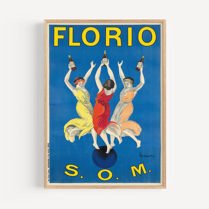 Leonetto Cappiello Poster Set featuring vintage Florio wall art with three colorful women dancing on blue background.