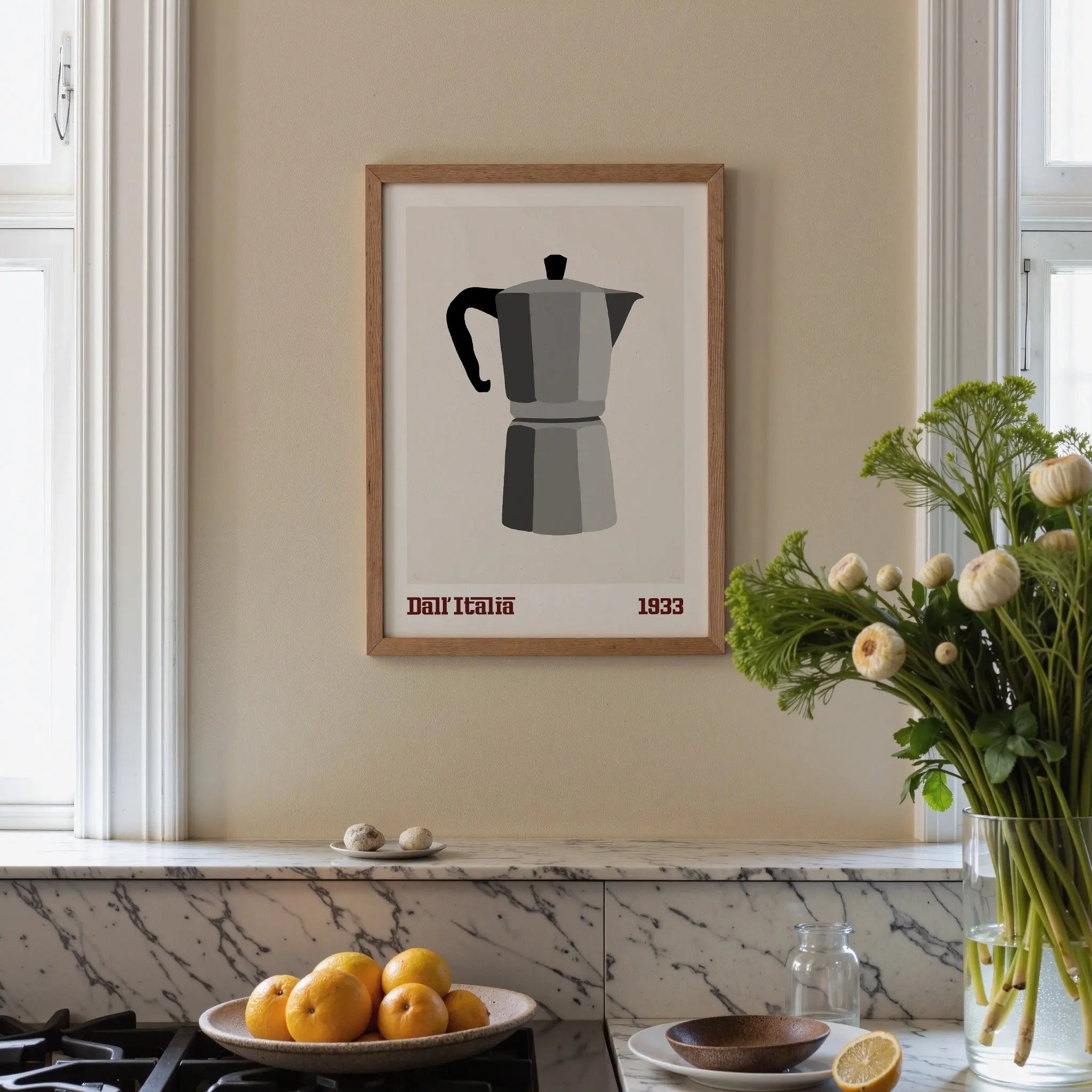 From Italy" Coffee Maker Poster minimalist art print with grayscale coffee maker illustration and vintage typography in brown.