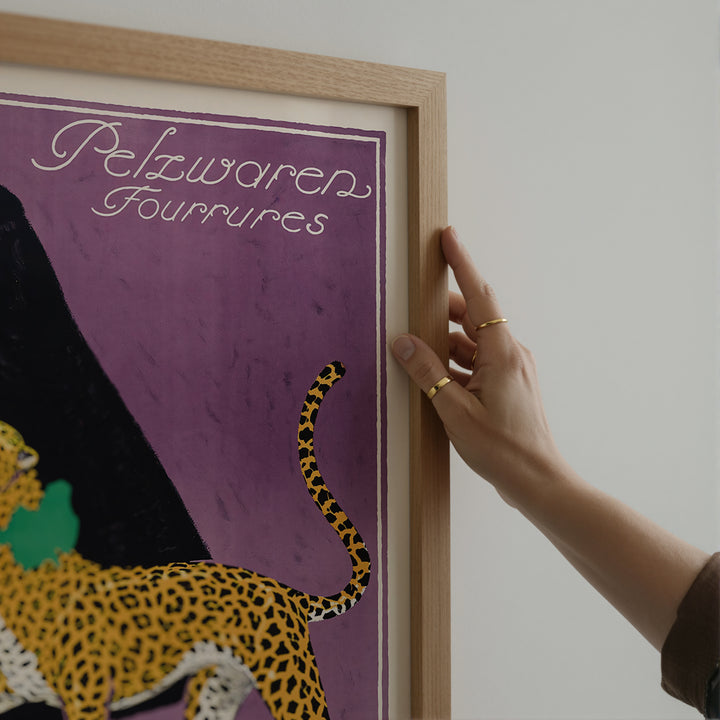 Fur Goods P. Rückmar & Co by Ernest Montaut Poster vintage style with purple background and illustrated leopards wall art