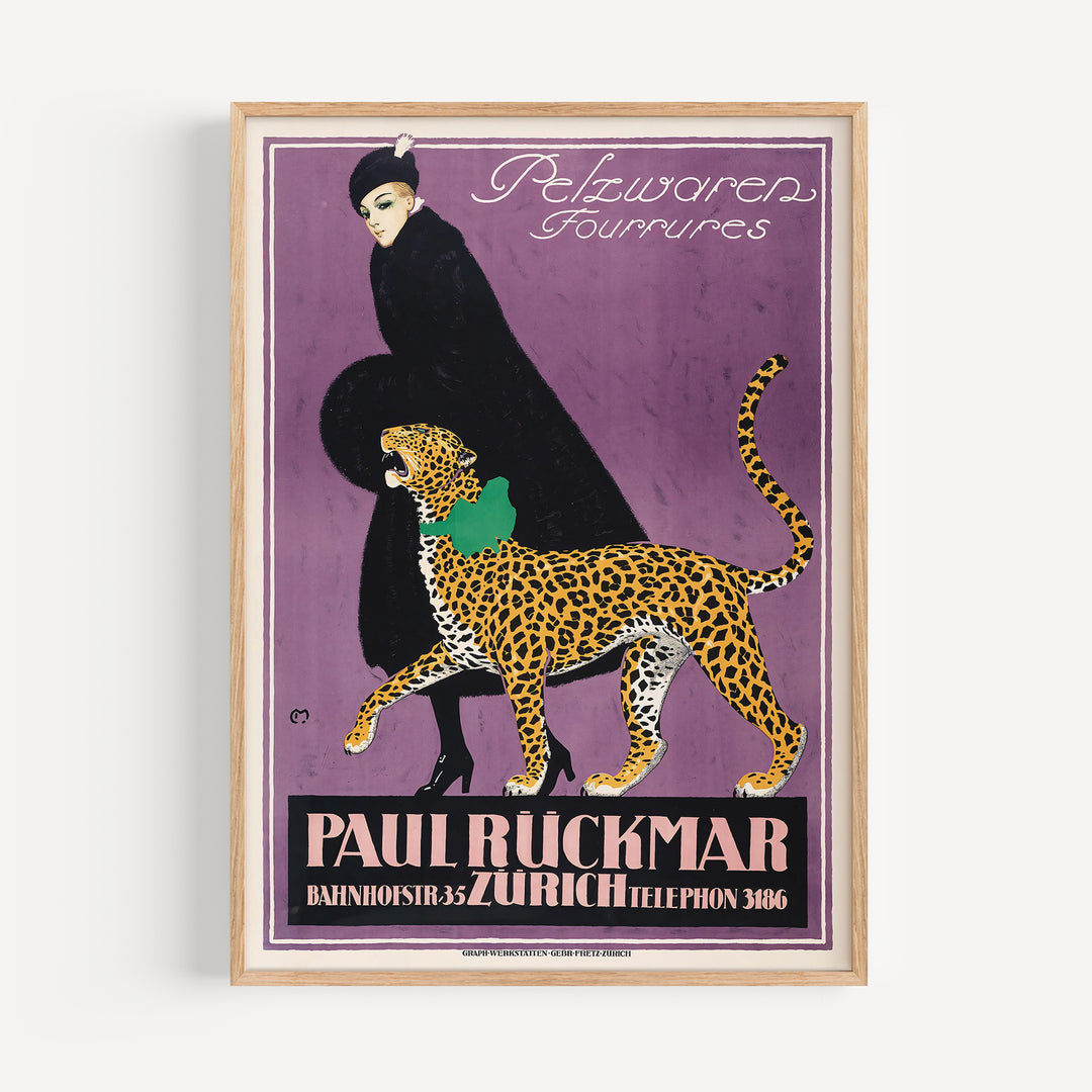 Fur Goods P. Rückmar & Co by Ernest Montaut Poster vintage style with purple background, black figure, and spotted leopard art print.