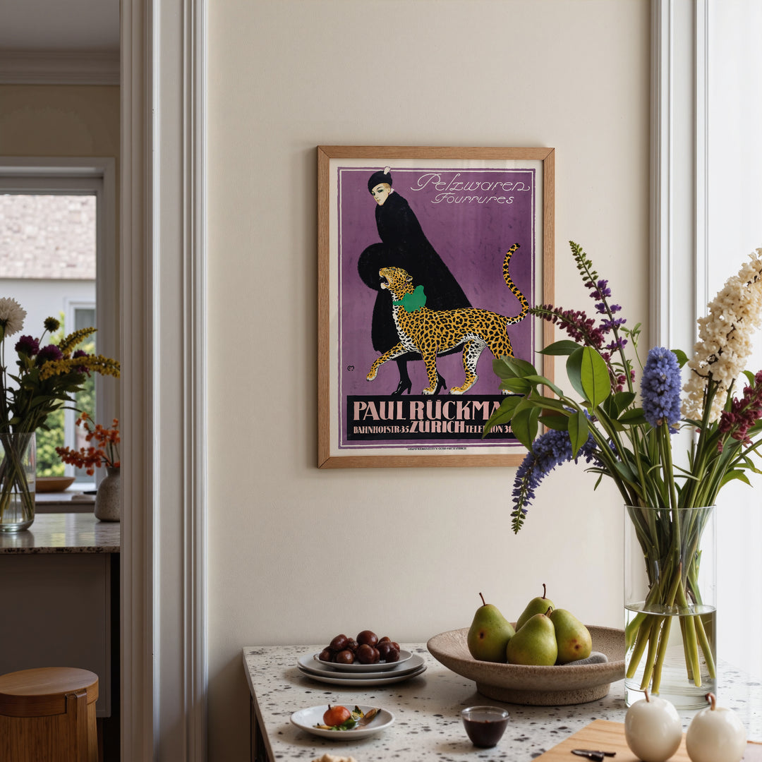 Fur Goods P. Rückmar & Co by Ernest Montaut Poster vintage art print with purple, black, and yellow leopard colors