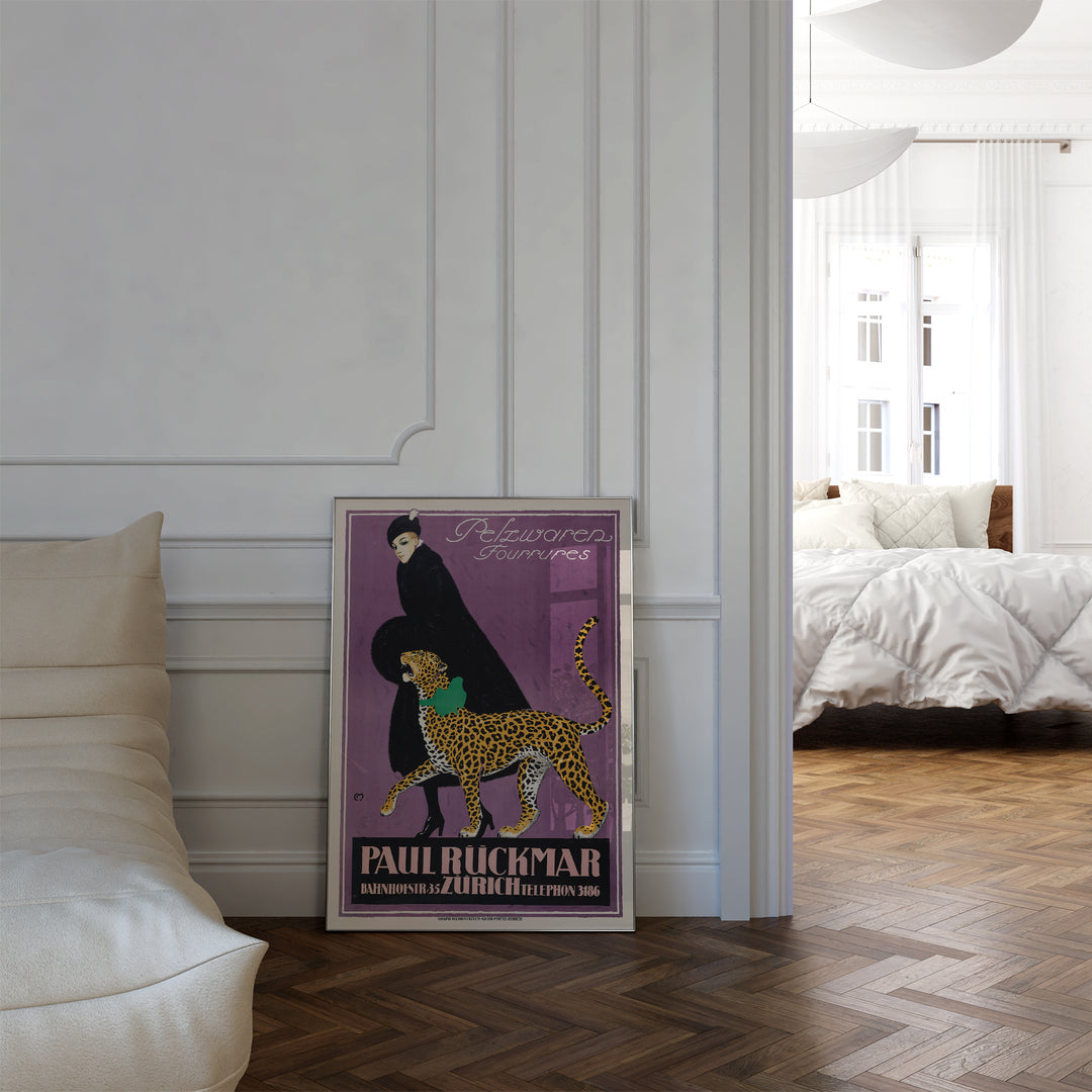 Fur Goods P. Rückmar & Co by Ernest Montaut Poster vintage style with purple, black, and yellow leopard framed wall art