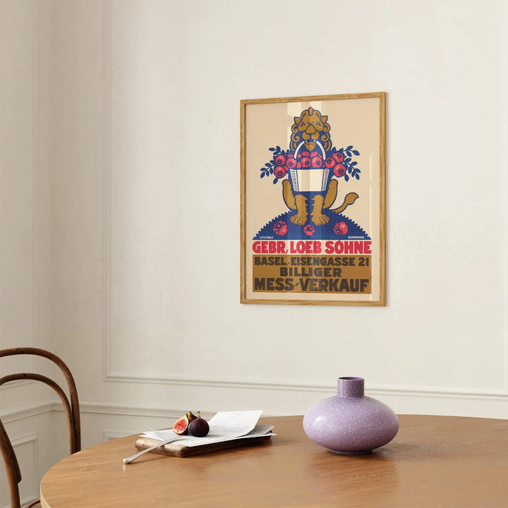 Gebr. Loeb Söhne Vintage Poster vintage style wall art with bold red, blue, and beige colors in a wooden frame.