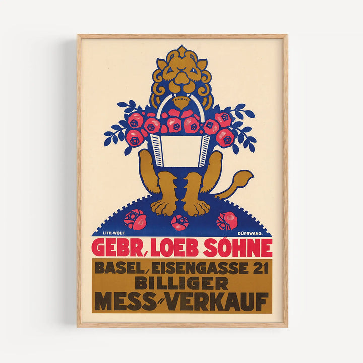 Gebr. Loeb Söhne Vintage Poster with stylized lion holding basket of red flowers, vintage art print in beige, blue, and red tones