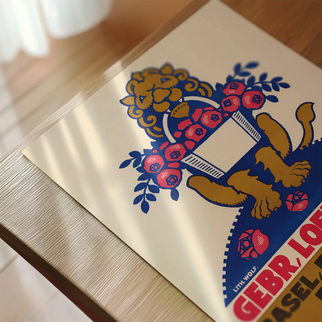 Gebr. Loeb Söhne Vintage Poster featuring a vintage lion emblem with red roses and gold and blue colors in an art print style.