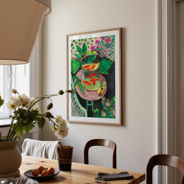 Goldfishes by Henri Matisse Poster featuring colorful goldfish in a glass bowl with green and pink abstract surroundings, art print