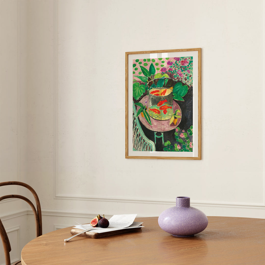 Goldfishes by Henri Matisse Poster, abstract style with bright orange, green, and pink colors, framed art print.