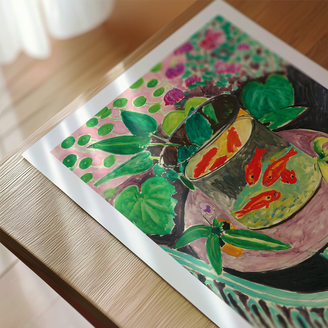 Goldfishes by Henri Matisse Poster, vibrant modernist art print with bold green, red, and pink colors.