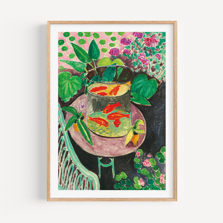 Goldfishes by Henri Matisse Poster featuring colorful goldfish in glass bowl surrounded by green leaves and pink flowers, abstract style