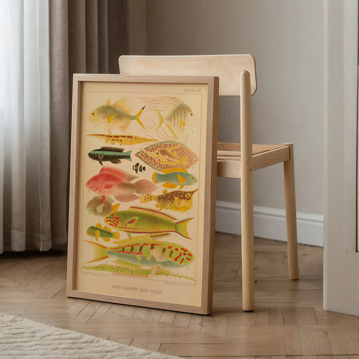 Great Barrier Reef Fishes II by William Saville-Kent Poster vintage style with pastel yellow, green, pink, and brown hues wall art