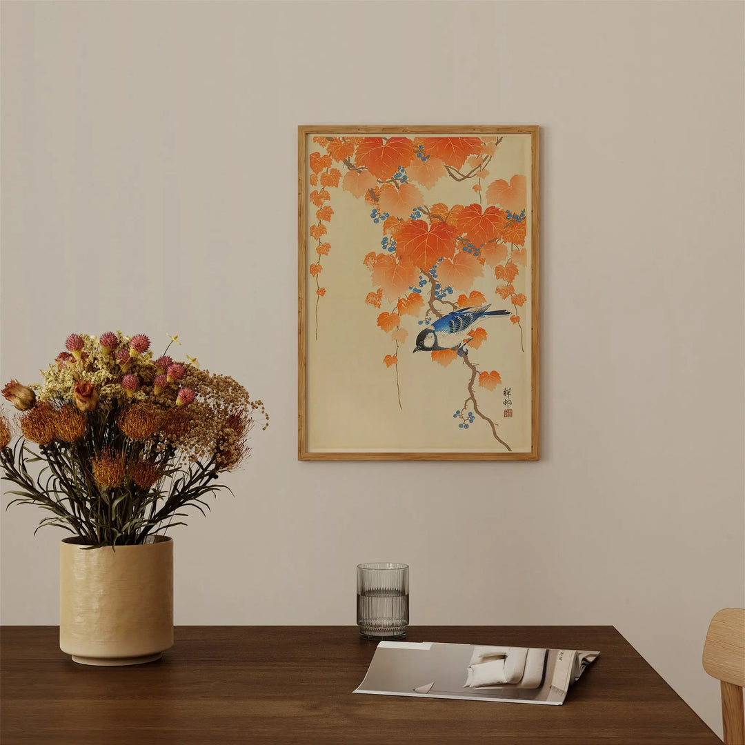 Great Tit on Paulownia Branch by Ohara Koson Poster, vintage Japanese art print with orange and blue tones, framed wall art.