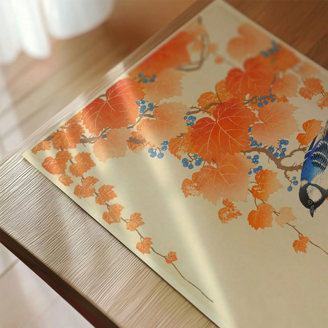 Great Tit on Paulownia Branch by Ohara Koson Poster featuring a colorful bird and orange leaves in traditional Japanese style art print