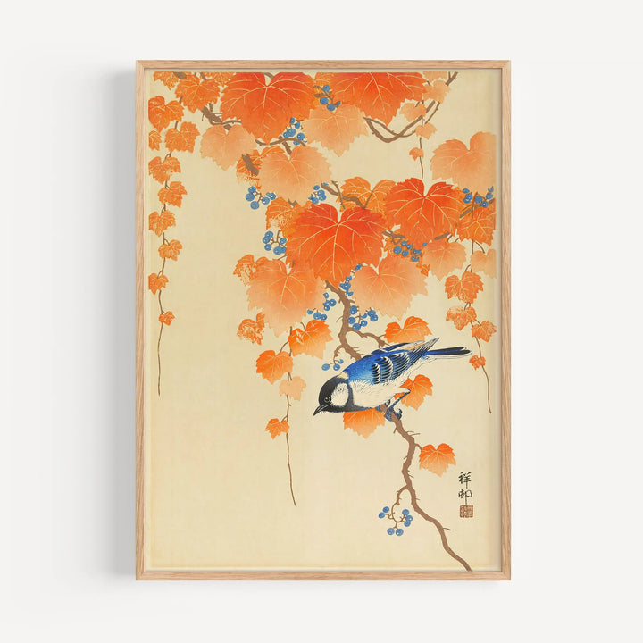 Great Tit on Paulownia Branch by Ohara Koson Poster, vintage style, blue and orange tones, art print