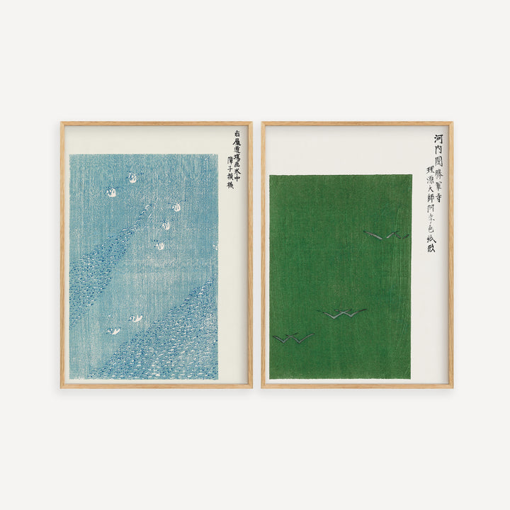 Blue and Green Woodblock Poster Set featuring minimalist Japanese woodblock style with blue and green tones, framed posters