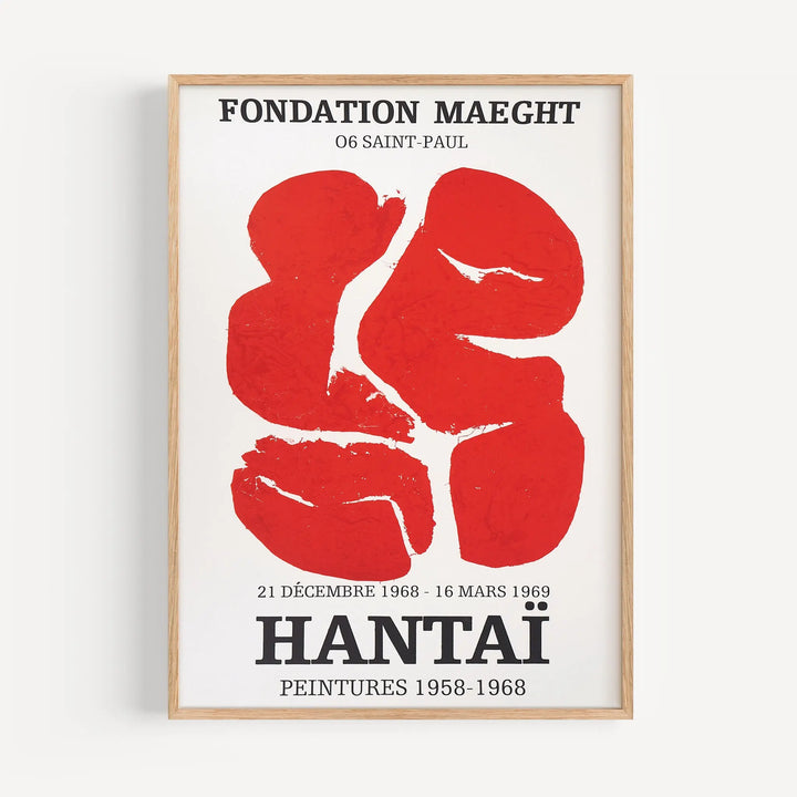 Simon Hantai Exhibition Poster featuring abstract red shapes on white background in minimalist style wall art.