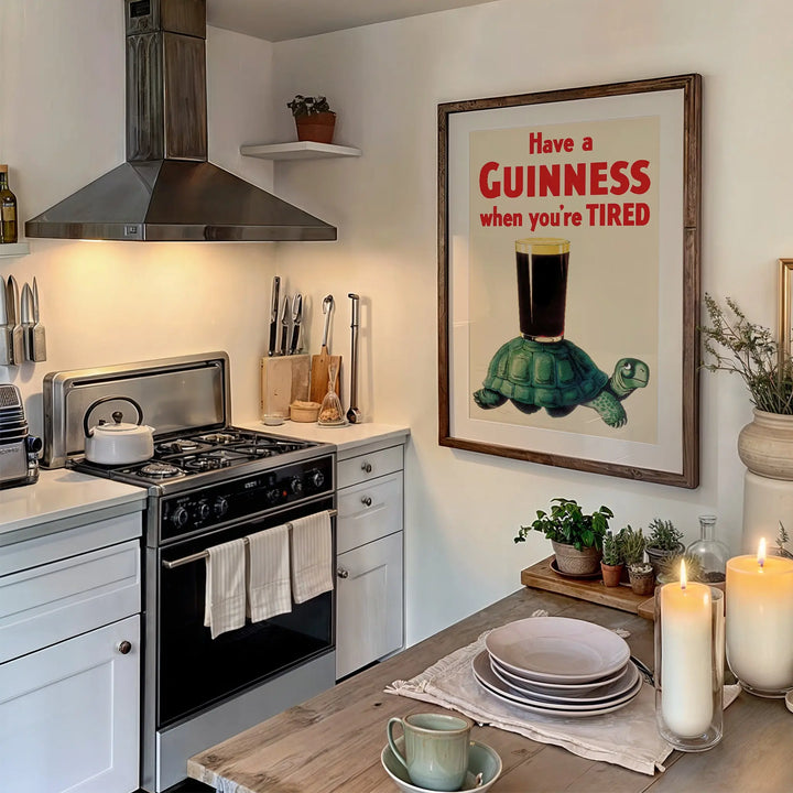Have a Guinness When You're Tired Poster vintage art print with green turtle, red text, and framed wall art design